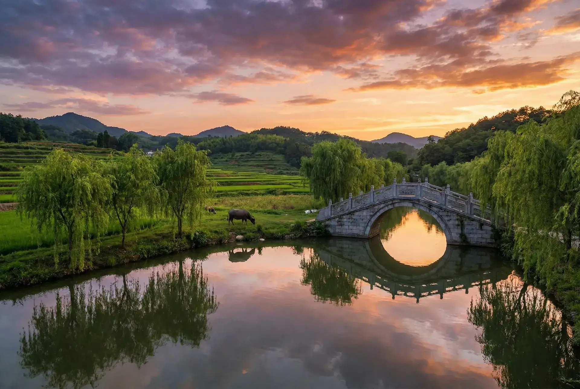 夕阳下的石拱桥与垂柳，水牛在河边吃草 - 小口田桂子 乡村美景